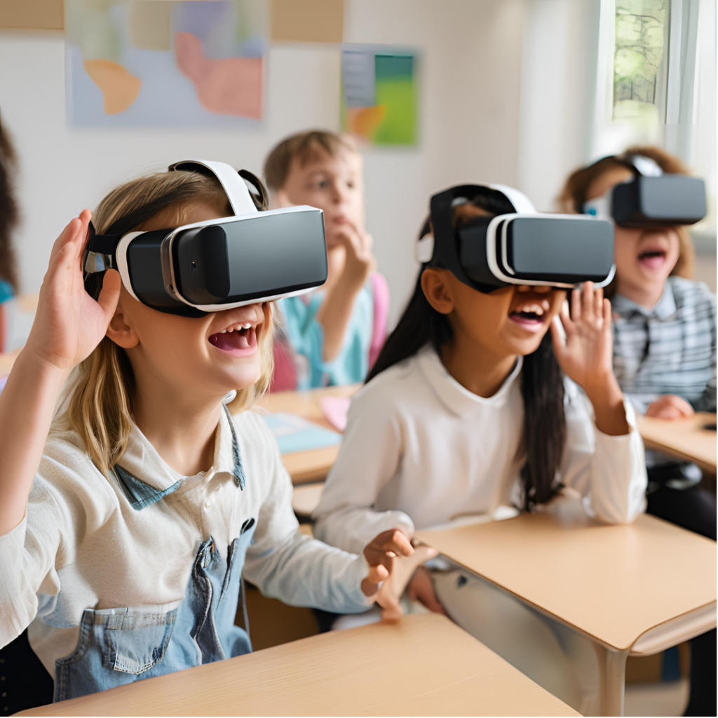 Kids playing around with their VR devices in a class room