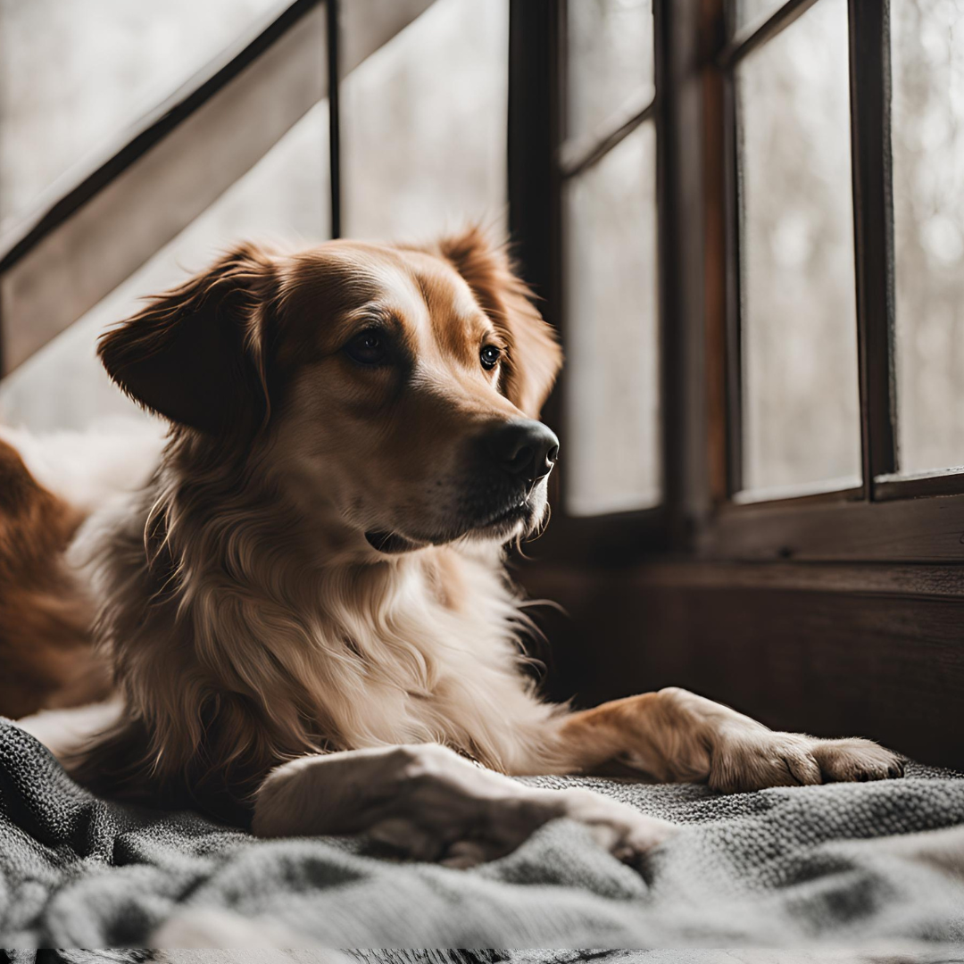 A dog staring at its human counterpart while grieving a loss of another dog/pet