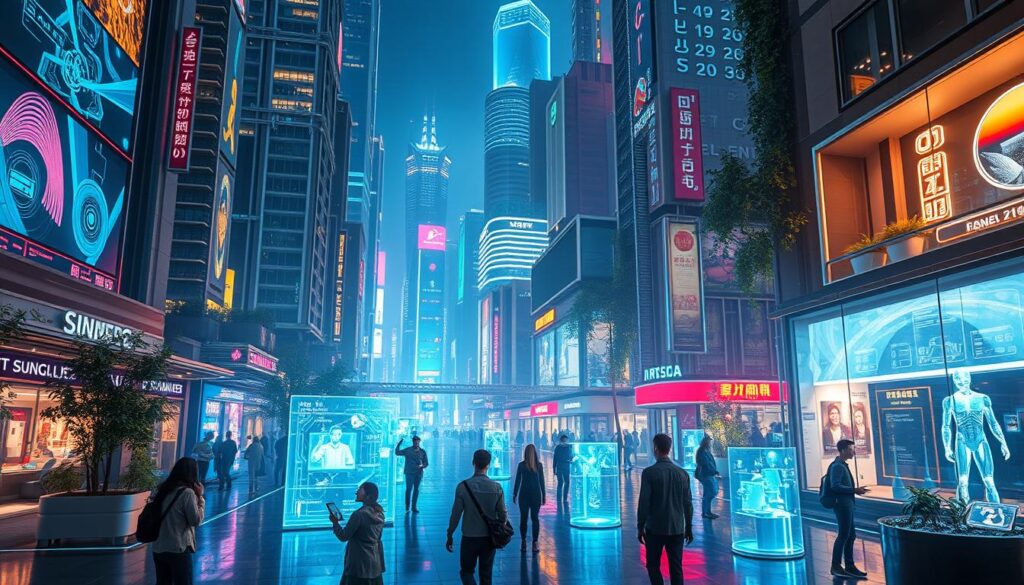 holographic interfaces and augmented reality displays integrated into everyday life, vibrant colors illuminating shared spaces, people interacting with virtual objects in a lush urban environment